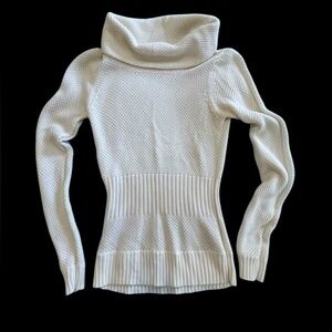 Waffle‎ Knit Cinch Waist White Turtleneck Sweater.